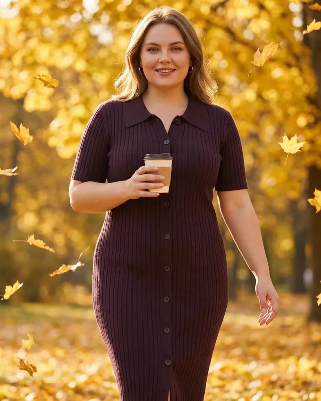 Модель plus-size в фиолетовом платье в осеннем парке